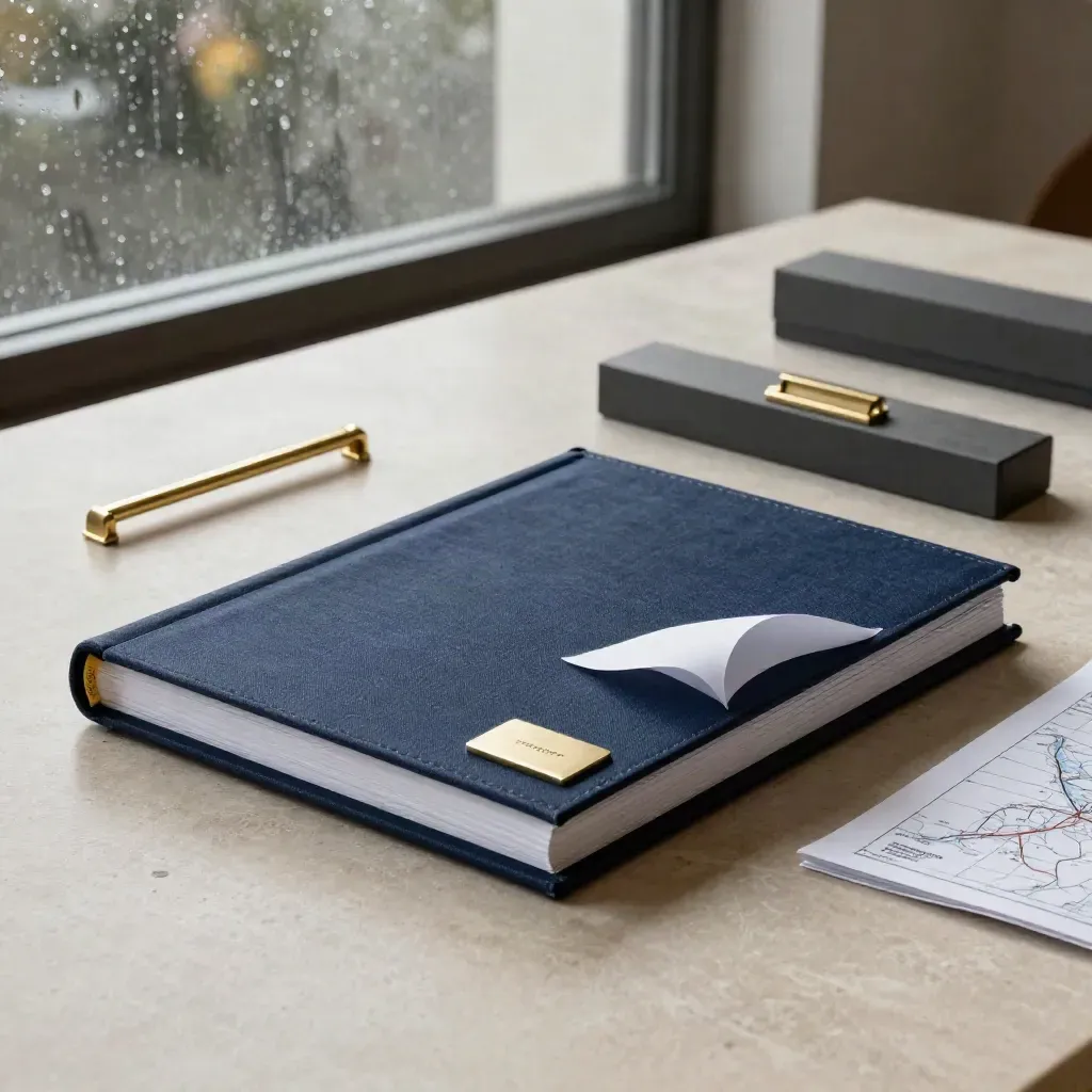Navy strategy dossier with brass rail, roadmap sheet and box on limestone by rain-streaked glass.
