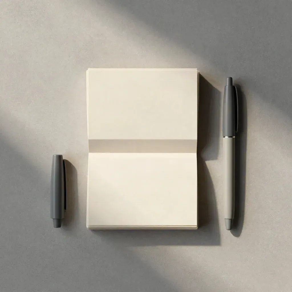 Overhead strategy kit flatlay on cool concrete with blank cards, folded sheet, pen cap and paper band.