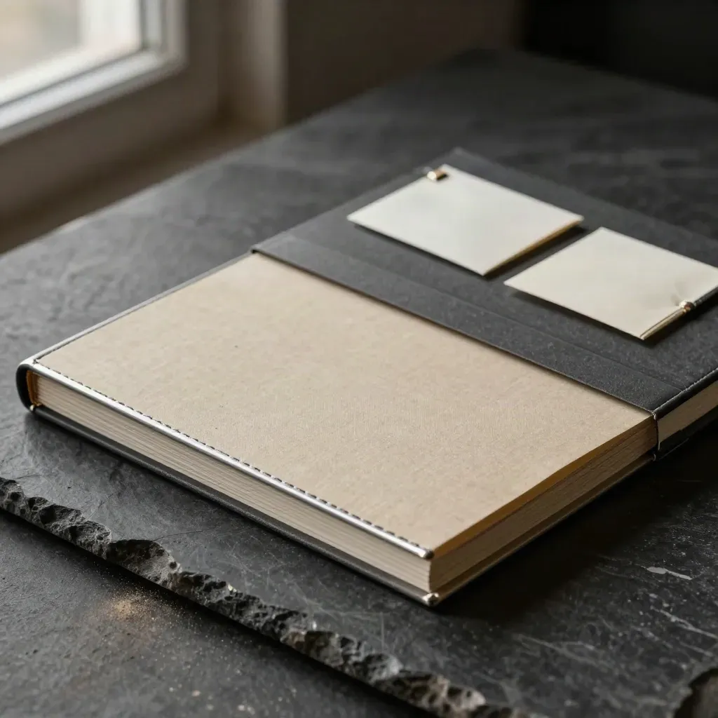 Charcoal audit folio with linen swatch and sealed note packets on dark stone