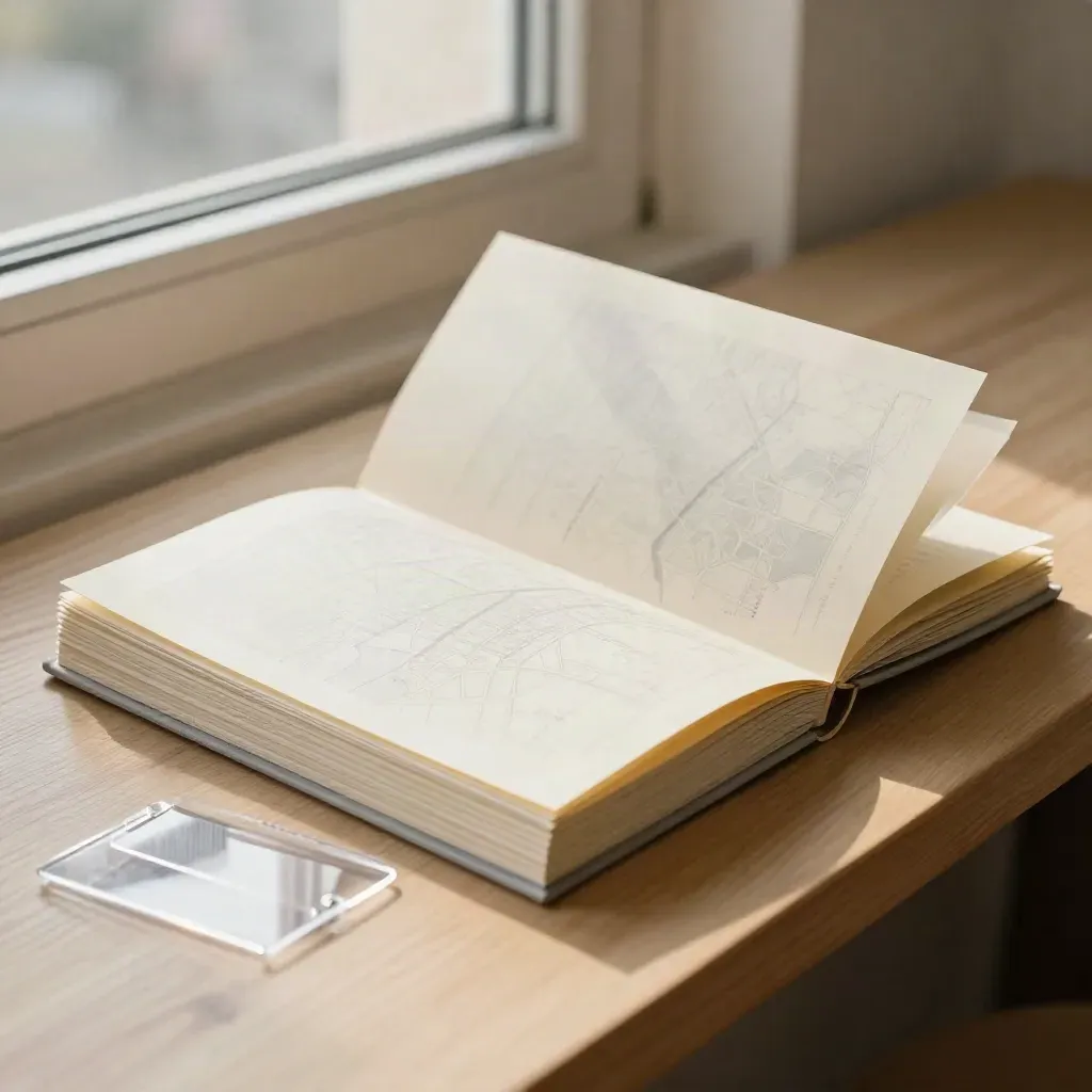 Cream strategy folio and blank map-style card stack on a pale wood bench by a window.