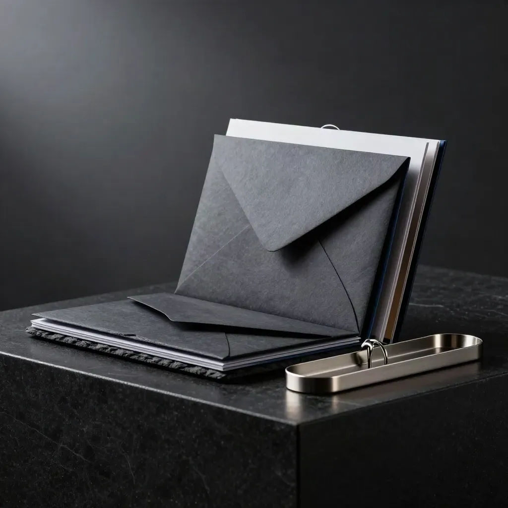 Slate strategy kit fanned in a V on black stone with brushed metal tray.