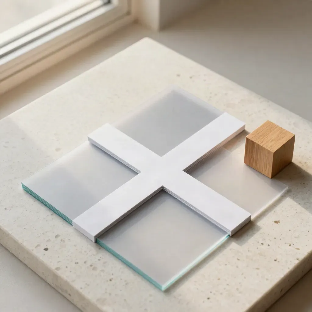 Overhead flatlay of blank stakeholder cards, sleeves, paper band and wood cube on travertine.