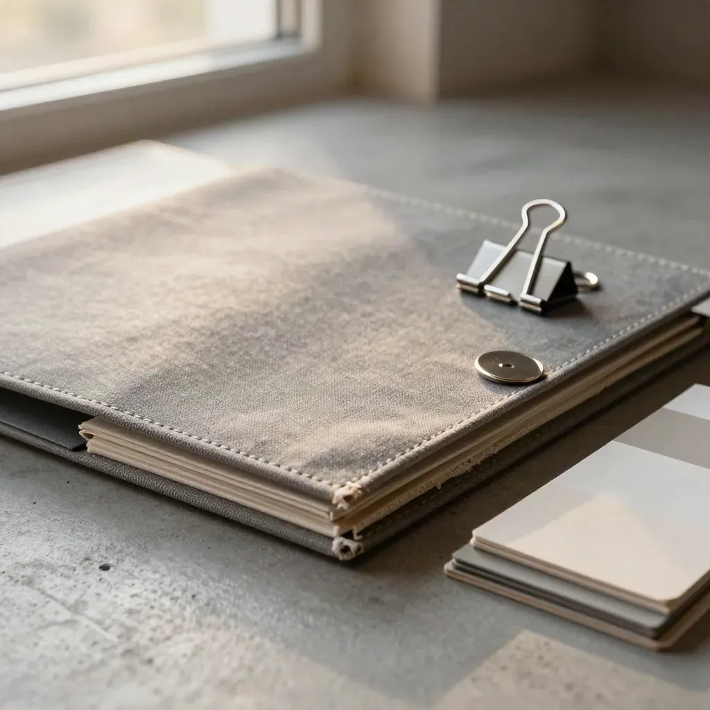Open graphite launch folder with canvas panel and silver clips on concrete.