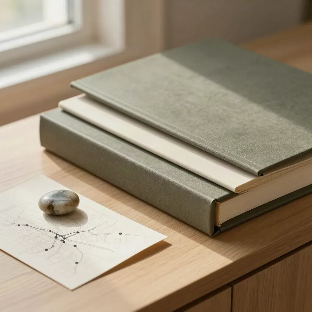Macro of a linen planning folio, city-line fold card, and stone paperweight on pale oak.
