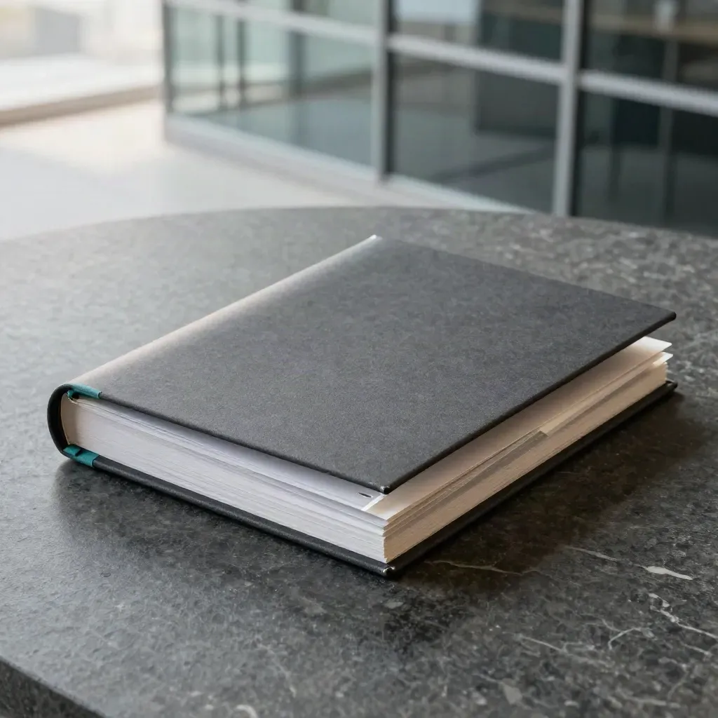 Open premium presentation pack on limestone with teal accents and blurred boardroom glow.