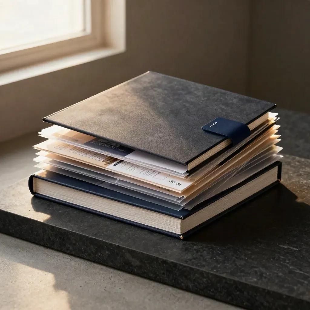 Dramatic consulting binders, sleeves, and strategy modules fanning on a dark studio plinth.