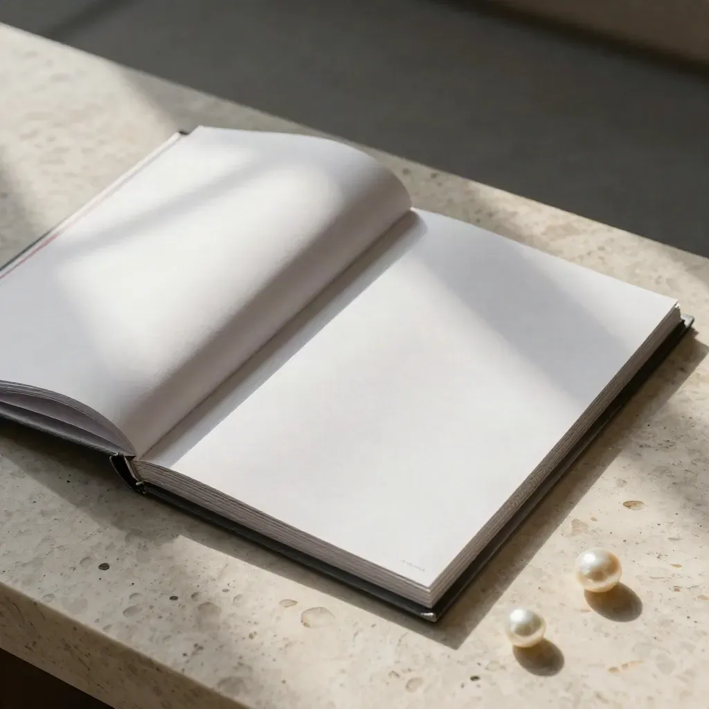Overhead flatlay of a market scan folio with translucent divider and stone marker on travertine.