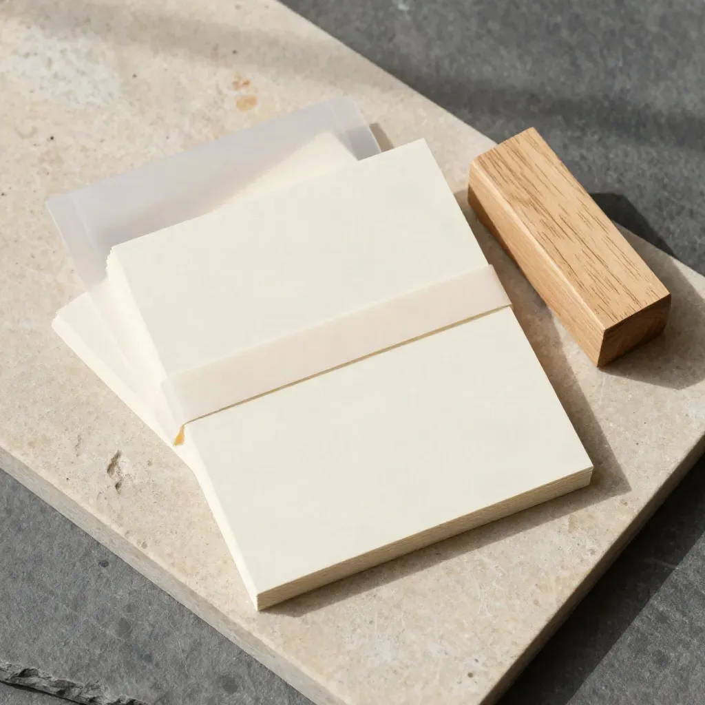 Overhead flatlay of blank note cards, sleeve, paper band, and wood block on stone.