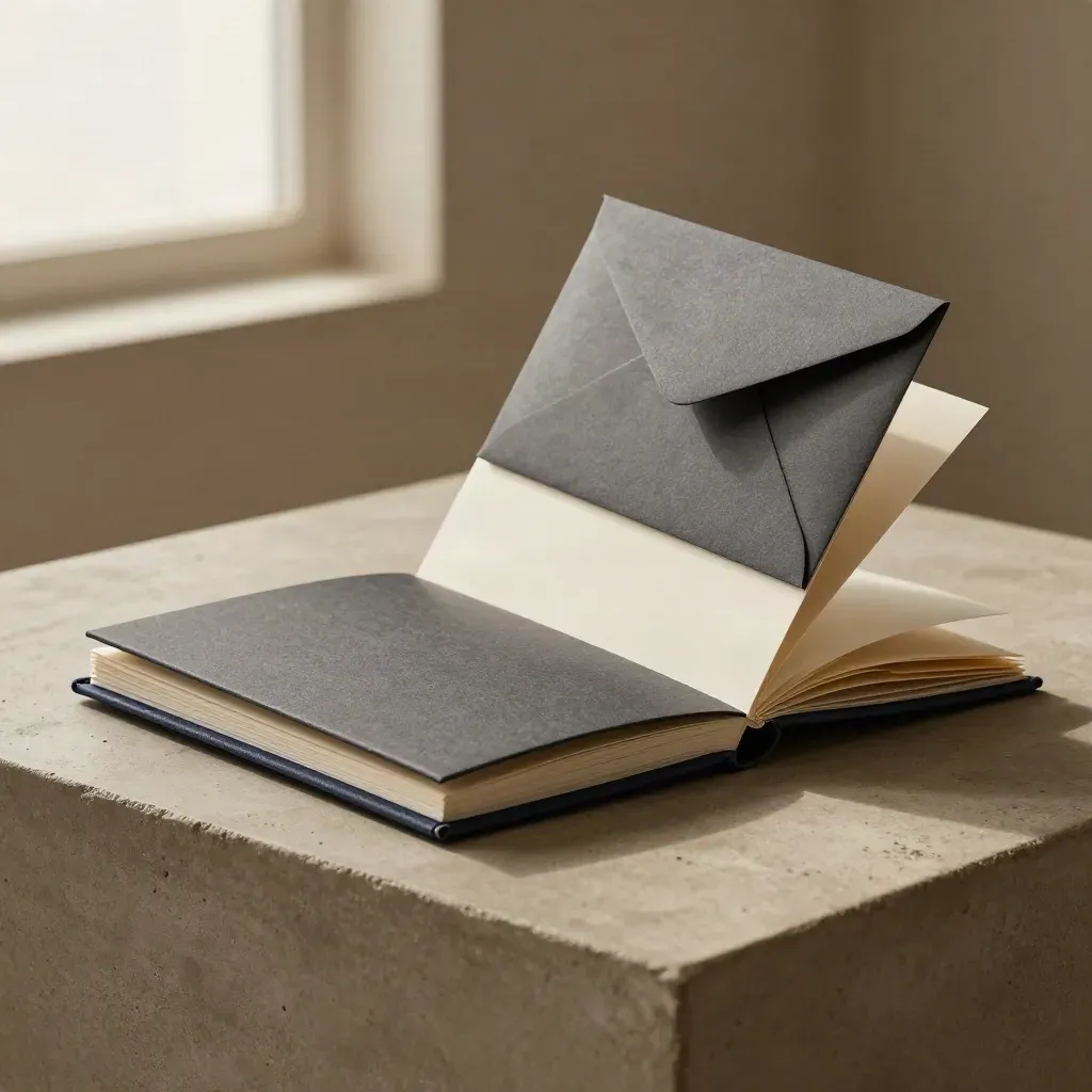 Kickoff binder with accordion inserts, envelope, and card on a concrete plinth