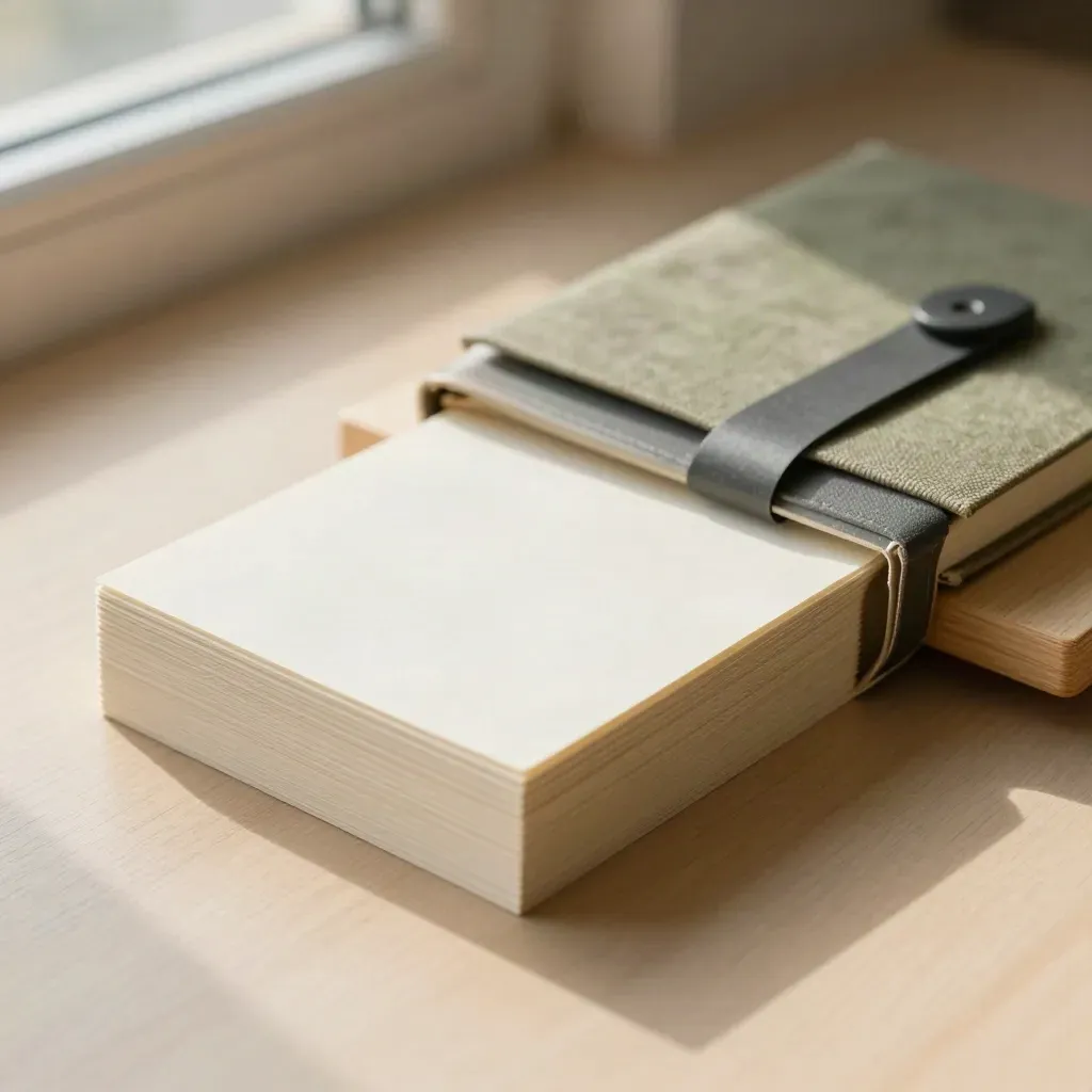 Unbranded call pack on pale oak with cue cards, notebook, and graphite band in warm morning light.