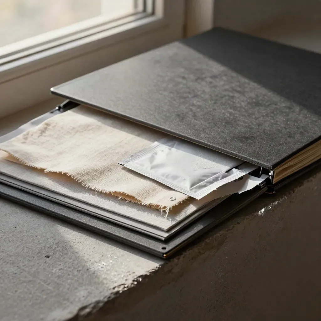 Open charcoal operations kit with linen swatches and sealed packet on rough plaster, silver-highlighted