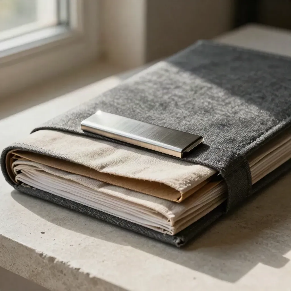 Macro of a rugged planning folio with kraft fold, linen swatch and silver clip on pale stone.