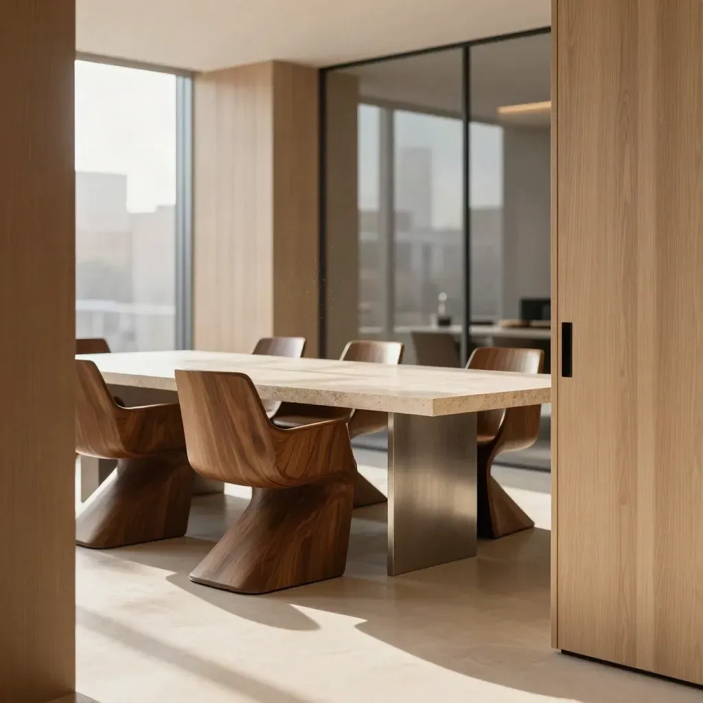 Sunlit modern boardroom with oak panels, stone table, and city blur.