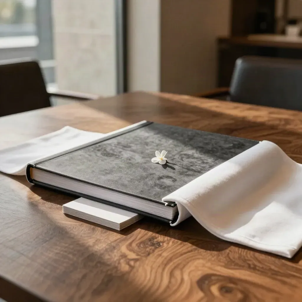 Premium retainer package on walnut wood in a consulting lounge, softly lit and atmospheric.