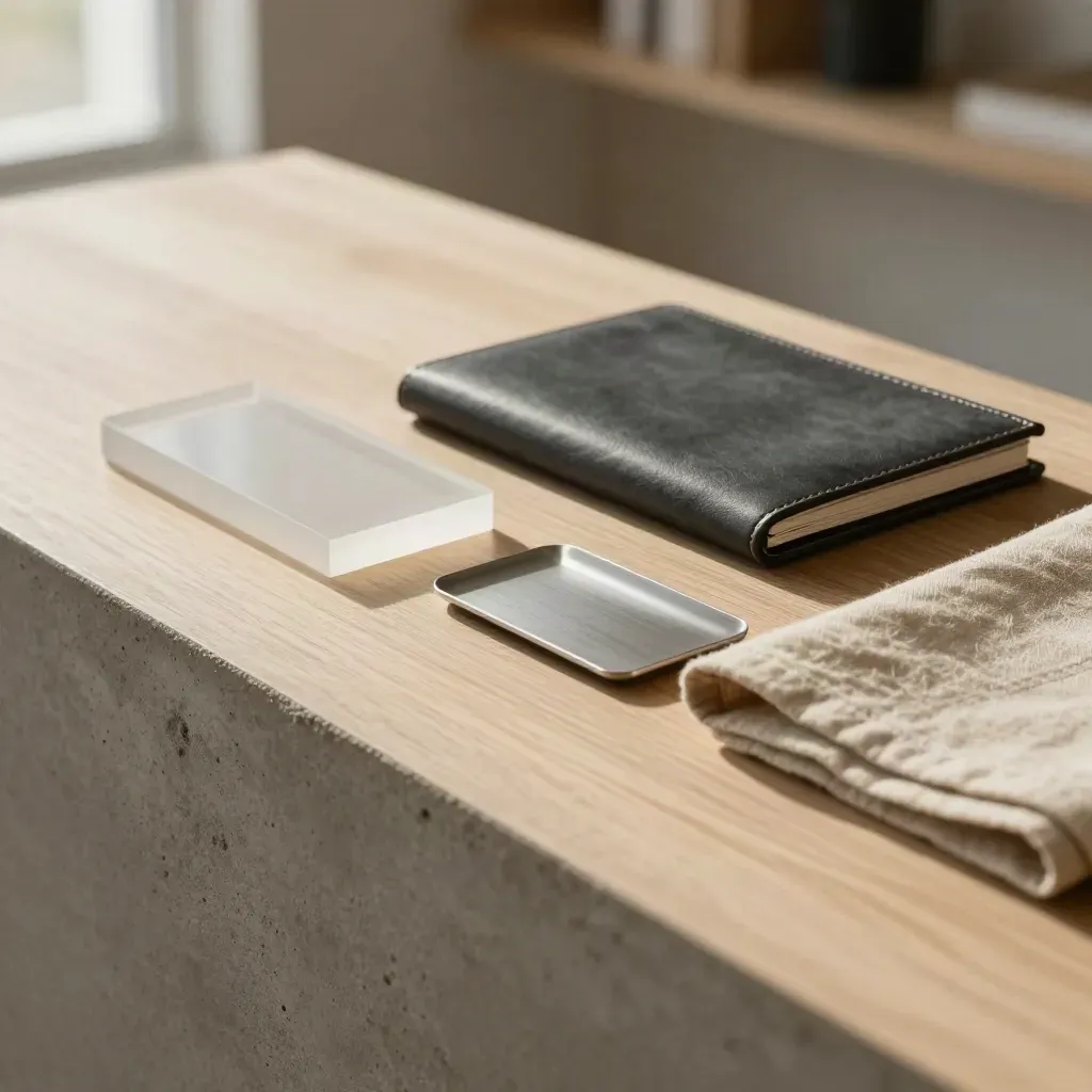 Consulting-themed concrete and oak surface with linen runner and soft morning light